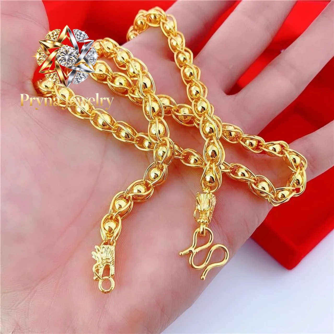 Pryna Jewelry   Luxury 24K 9999 Pure Gold real gold Men's faucet solid smooth transfer round bead necklace