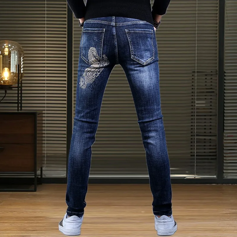 High Quality Men's 3D Hot Printed Denim Pants Scratches Decoration Fashion Casual Jeans Classic Slim Style Blue Stretch Trousers