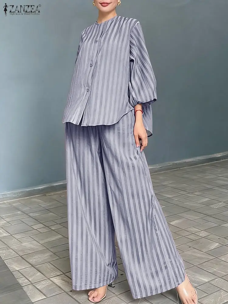 

ZANZEA Повседневные женские комплекты из 2 предметов в полоску, осень 2022, рубашки с круглым вырезом и широкие брюки, костюмы, женские наряды