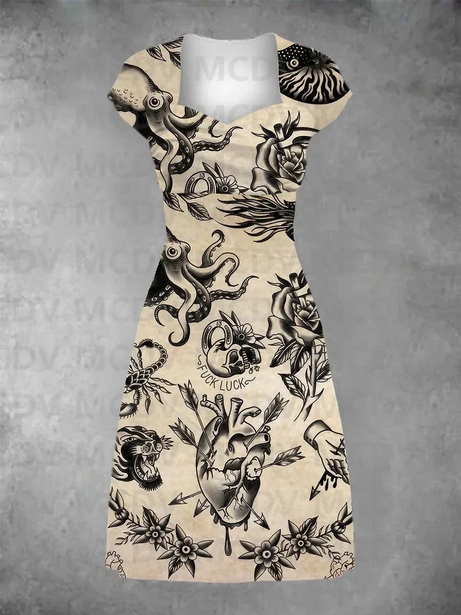 Women\'s Vintage Feather Fire Tattoo Print Patchwork Casual Midi Dress