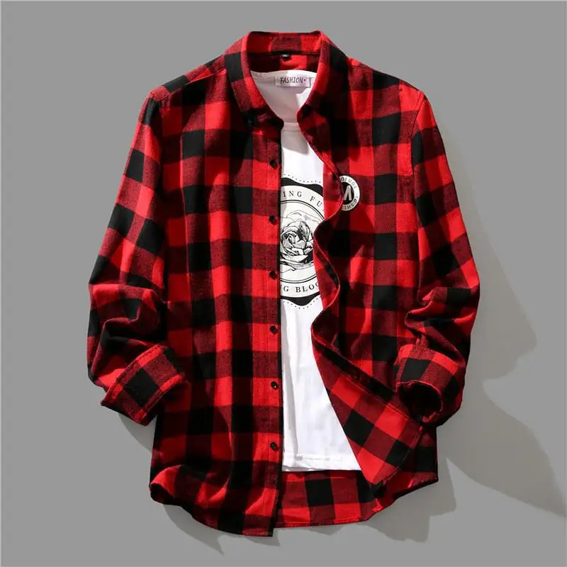 Pure Cotton Black and White Plaid Ontrasting Colors Shirt Men Korean Spring Loose Casual Single-breasted Long Sleeved Tops Coat