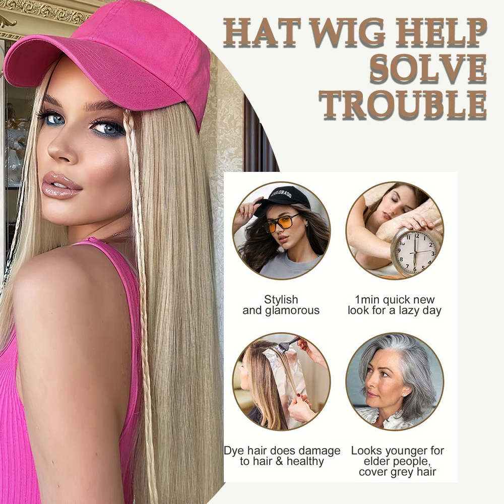 Long Straight Synthetic Baseball Cap Hair Wig for Girl Hair Wig Naturally Connect Hat Wigs Adjustable