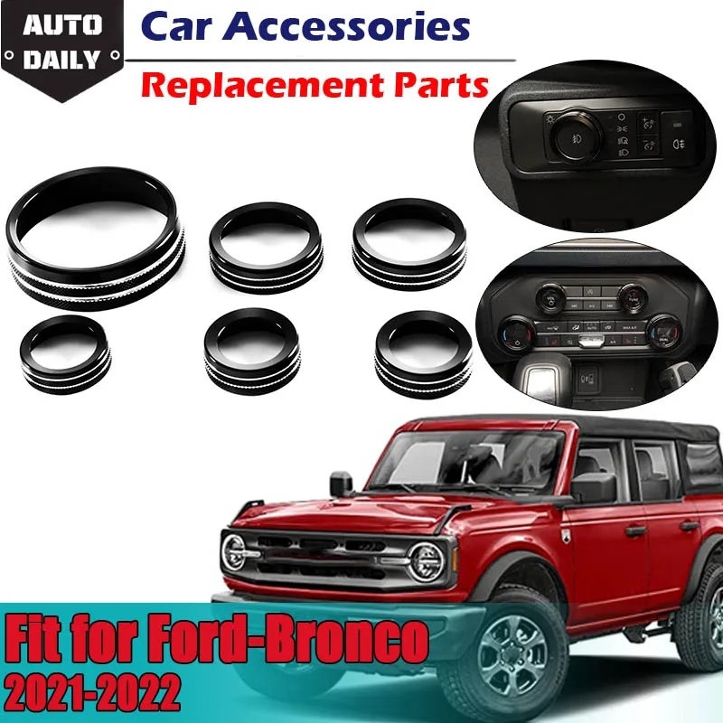 

6pcs Black Central Switch Knob Cover Ring Trim Air Audio Headlight WD Trailer Gear Suit Fit For Ford Bronco 2021 2022 2 4 Door