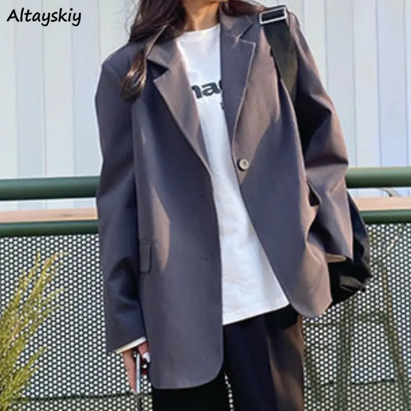 Gray Blazers Women Office Ladies Simple Solid Vintage Mature Temperament Streetwear Leisure Loose Korean Style Spring Fashion