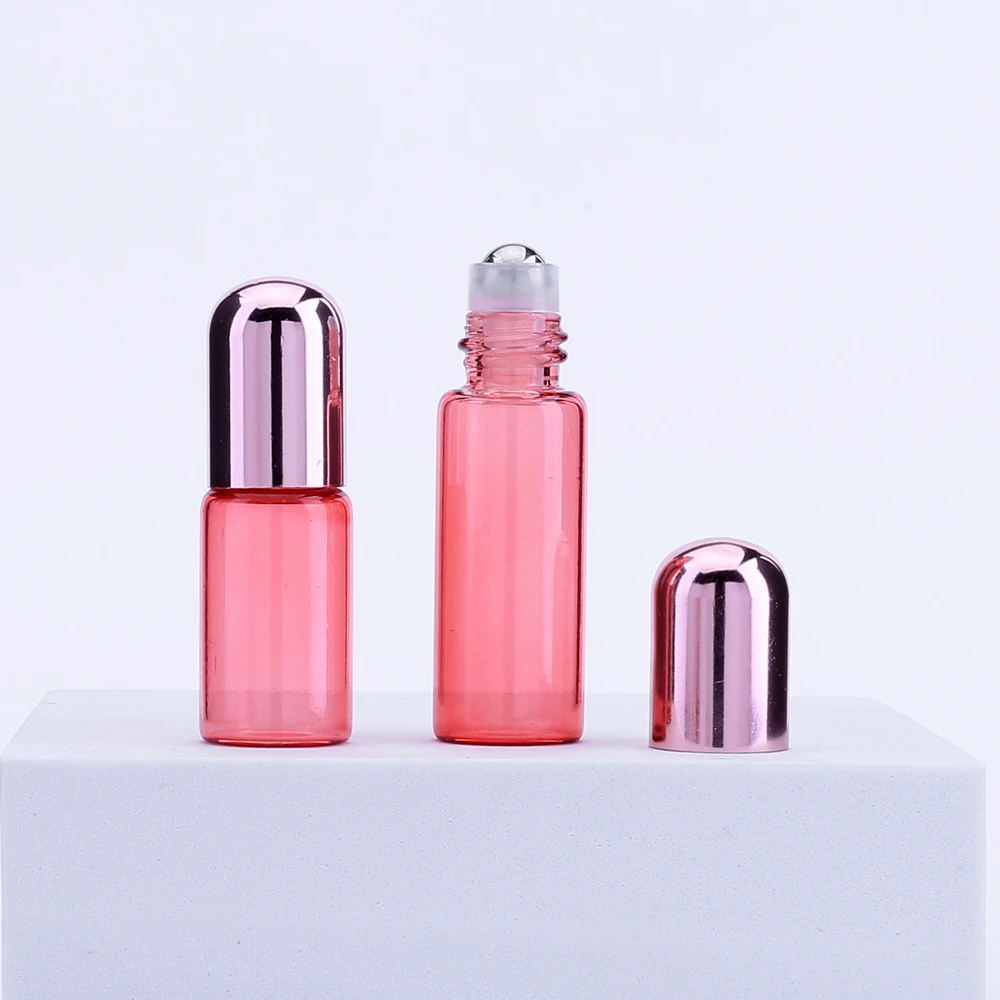 100 Uds 1ml 2ml 3ml 5ml rollo de vidrio de Color rosa en aceite esencial botella de bola de rodillo de Perfume vacía para viajes