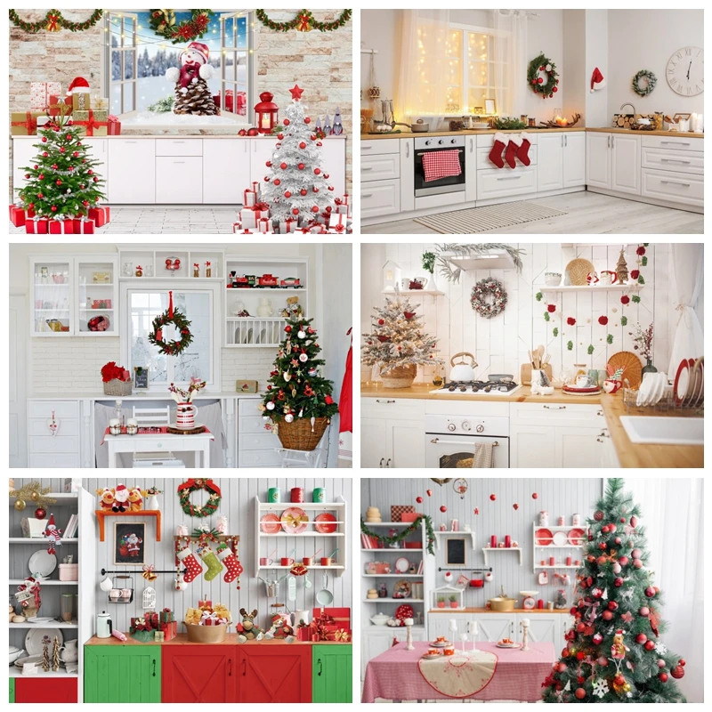 Christmas Kitchen Photography Backdrop Cupboard Xmas Tree Family Holiday Party Decor Newborn Kids Portrait Background Props