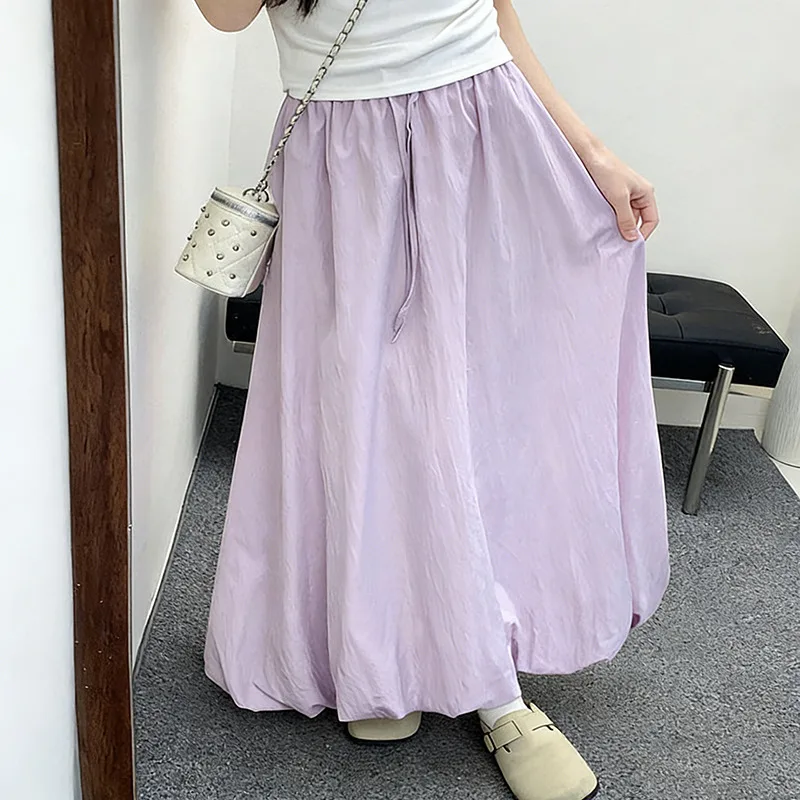 

Korean Style Loose Bud Hem Midi Skirt Women Spring Summer Elastic High Waist Pleated Lantern Skirt Sweet Slim A-Line Long Skirts