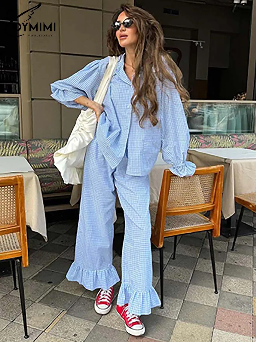 

Oymimi Fashion Baby Blue Cotton Women 2 Piece Set Outfit Elegant Long Sleeve Print Button Shirt And High Waist Ruffled Pants Set