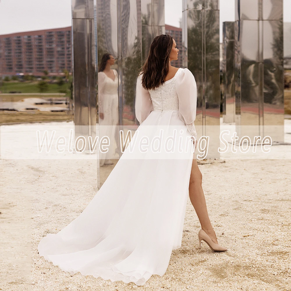 2024 Crepe Plus Size Wedding Dress Puff Sleeve With Sequin Lace Side Slit Beach Bridal Gown For Bride White Свадебное платье