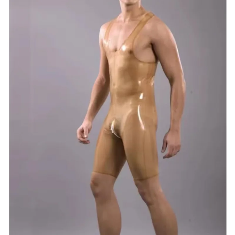 

Handmade Transparent Men's Latex Rubber Catsuit Sleeveless Bodysuit Garment Club Wear Jumpsuit Gummi 0.4mm