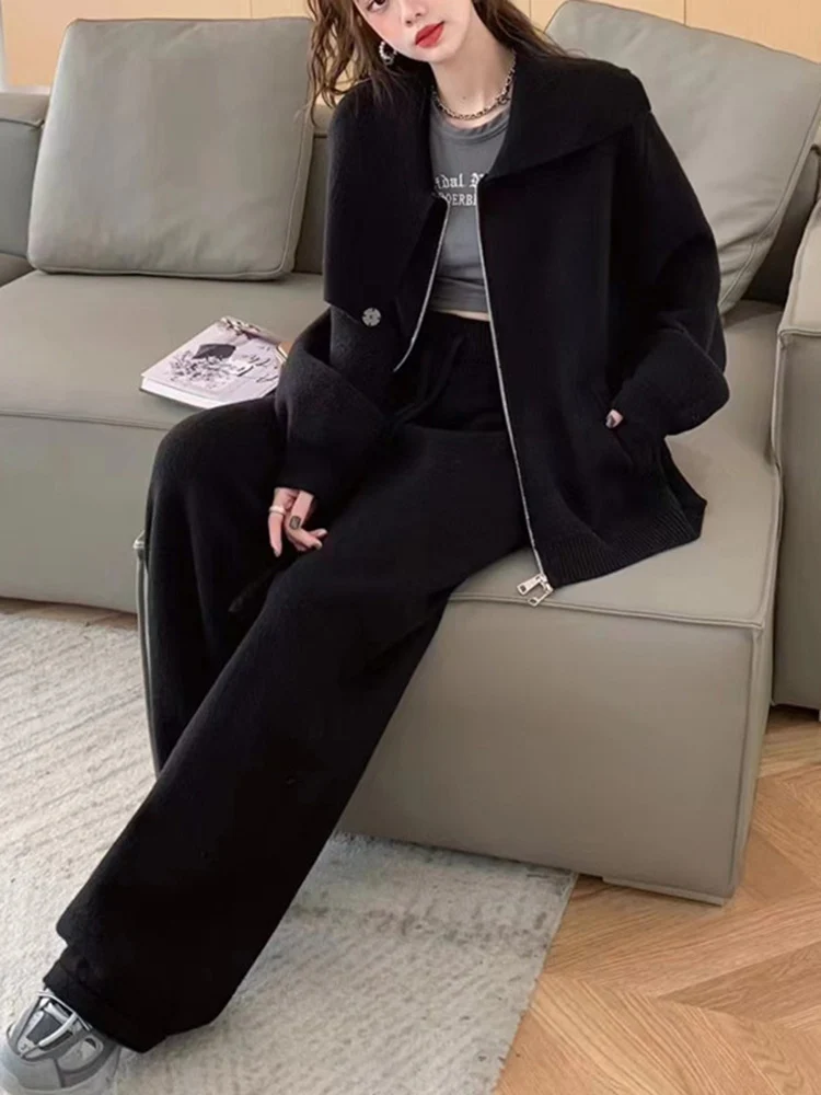여성용 한국 스타일 니트 세트, 스카프, 지퍼, 긴팔 스웨터, 하이웨이스트, 긴 바지, 캐주얼, 2024 신상