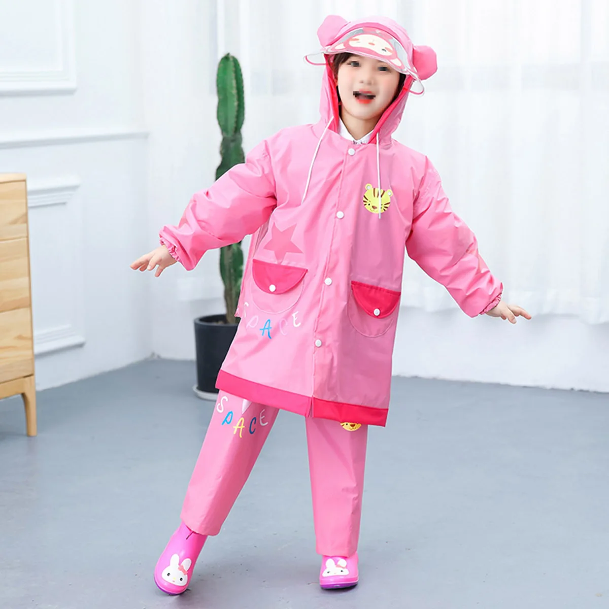 

Children Raincoat Pink Girls Kids Jacket Ponchos Suit Hood Students Breathable Waterproof PVC Soft Foldable Lightweight Durable