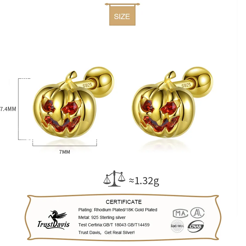 TrustDavis Real 925 Sterling Silver Kids Halloween Pumpkin CZ Screw Stud Earrings For Daughter Girls Fine Jewelry Gift DF2009