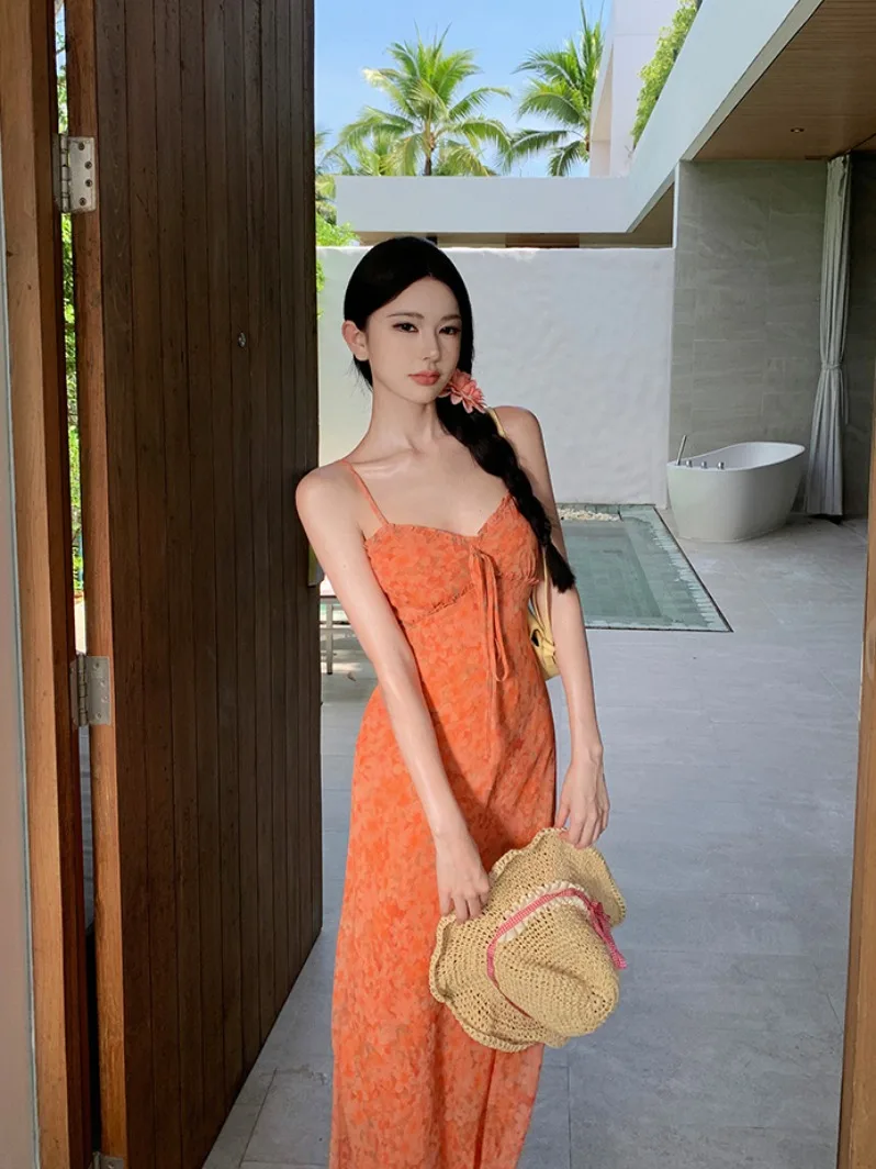 Summer Floral Print Chiffon Dress Women\'s Belted White Orange Strap Beach Vacation Long Skirt High Waist V-Neck A-Line Gown