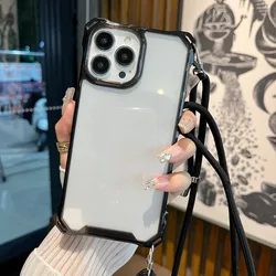 Adjustable Strap Case For iPhone 16 15 Pro Max 11 13 12 14 Pro X XS Plus Crossbody Lanyard Four Corners Clear PC Outdoors Cover