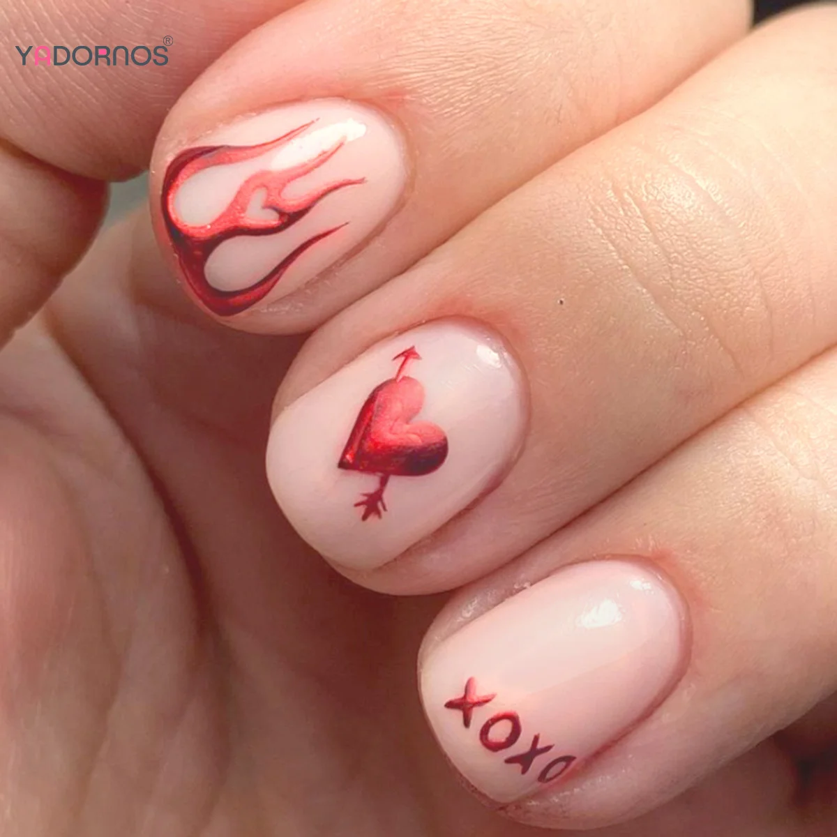 Simple Charms Fake Nails Nude Color Red Love Heart Designs Short Square Head Press on Nails for Women Girls Valentine's Day