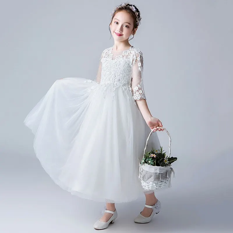 Champane Girls Long Dress Holiday V-Neck Princess Lace Flower Girl for Party Girl Clothes 3 5 7 9 11 13 14 Years RKF194017