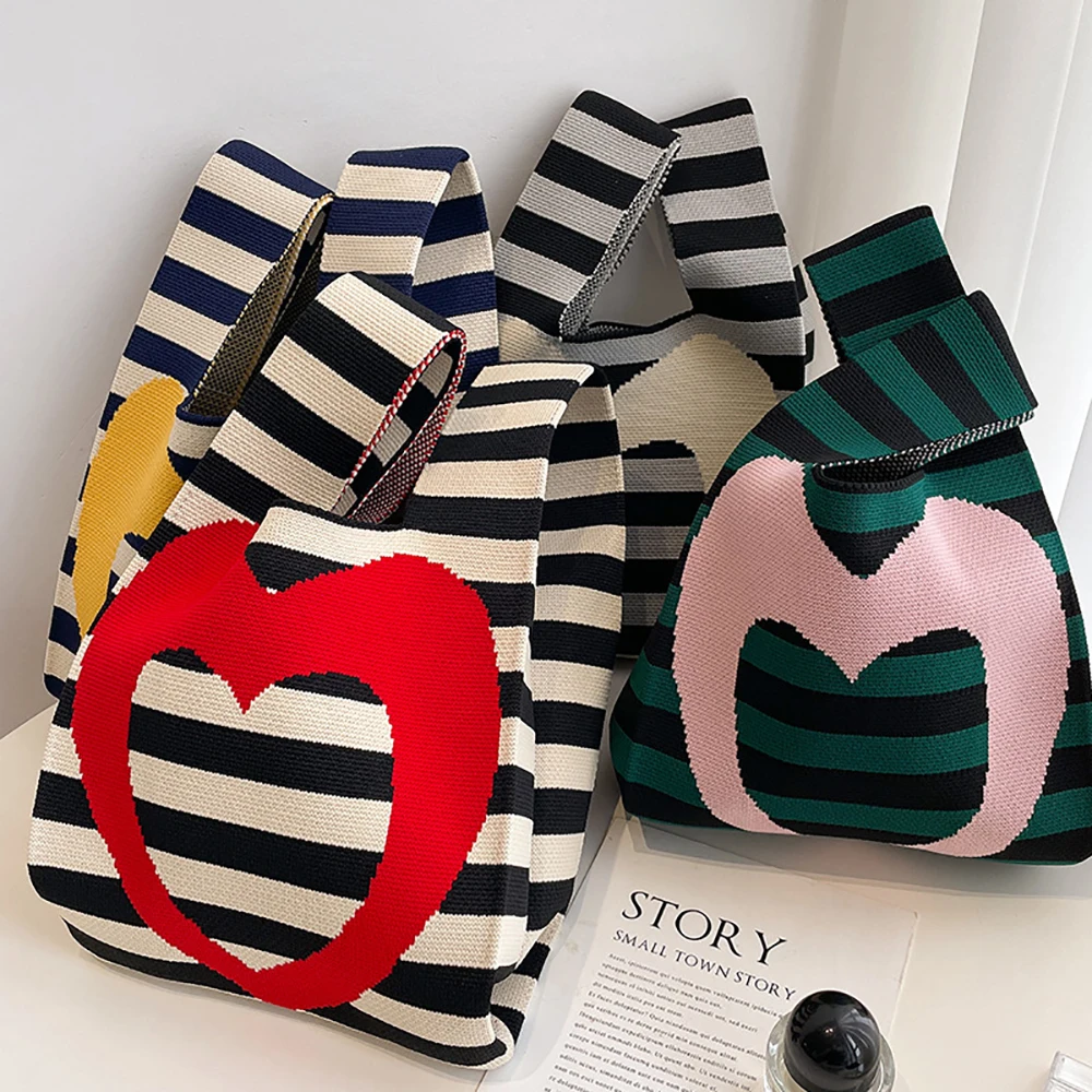 Handgemachte Strick handtasche Frauen Mini Knoten Handgelenk-Tasche weibliche lässige Farbe breite Streifen Plaid Einkaufstasche Student wieder verwendbare Einkaufstasche