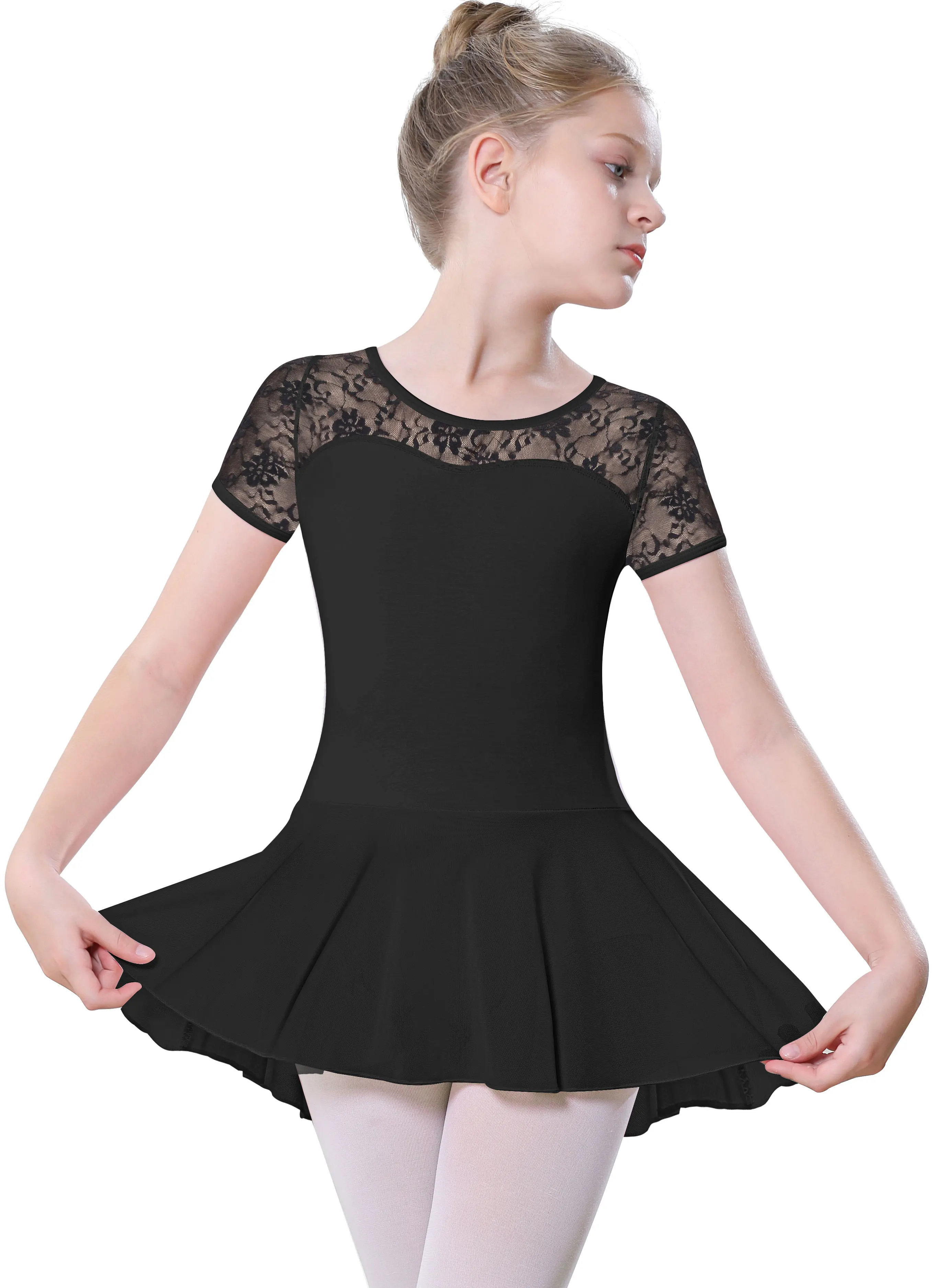 Girls Dance Ballet Leotard with Skirt,Big Girls Lace short Sleeves Ballerina Dancewear