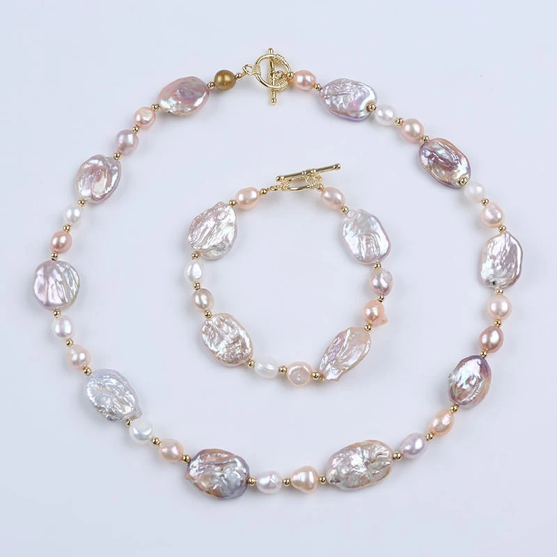 Purple Square-Shaped Baroque Freshwater Pearl Necklace Bracelet Set Irregular Pearls
