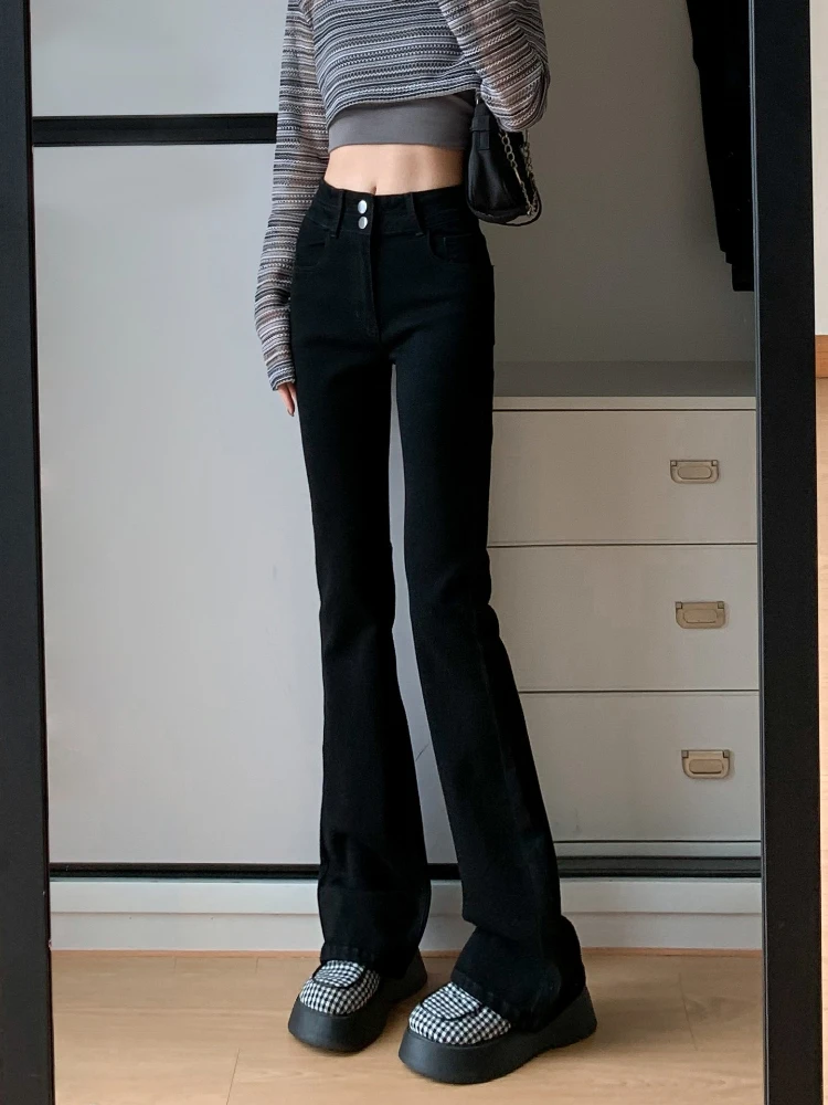 

American style retro micro flared jeans for women in autumn and winter high waist slimming and versatile horseshoe pants