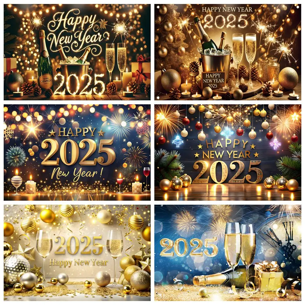 

Happy New Year Photography Backdrop 2025 Beers Wine Glass Clock Firework Family Party Photo Background Decor Photo Studio Props