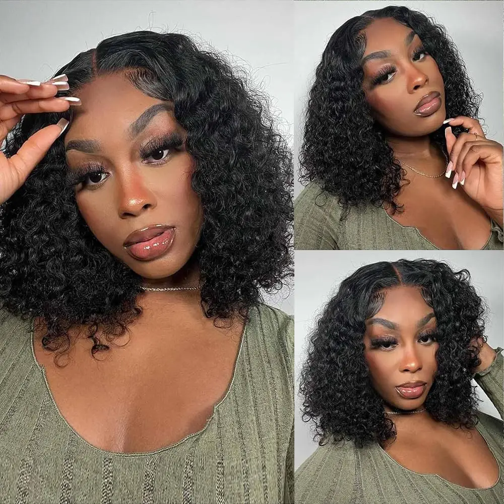 Perruque Bob Lace Wig Remy Brésilienne Naturelle, Cheveux Courts Bouclés, Deep Wave, 13x4, 200% Transparent, At, pour Femme