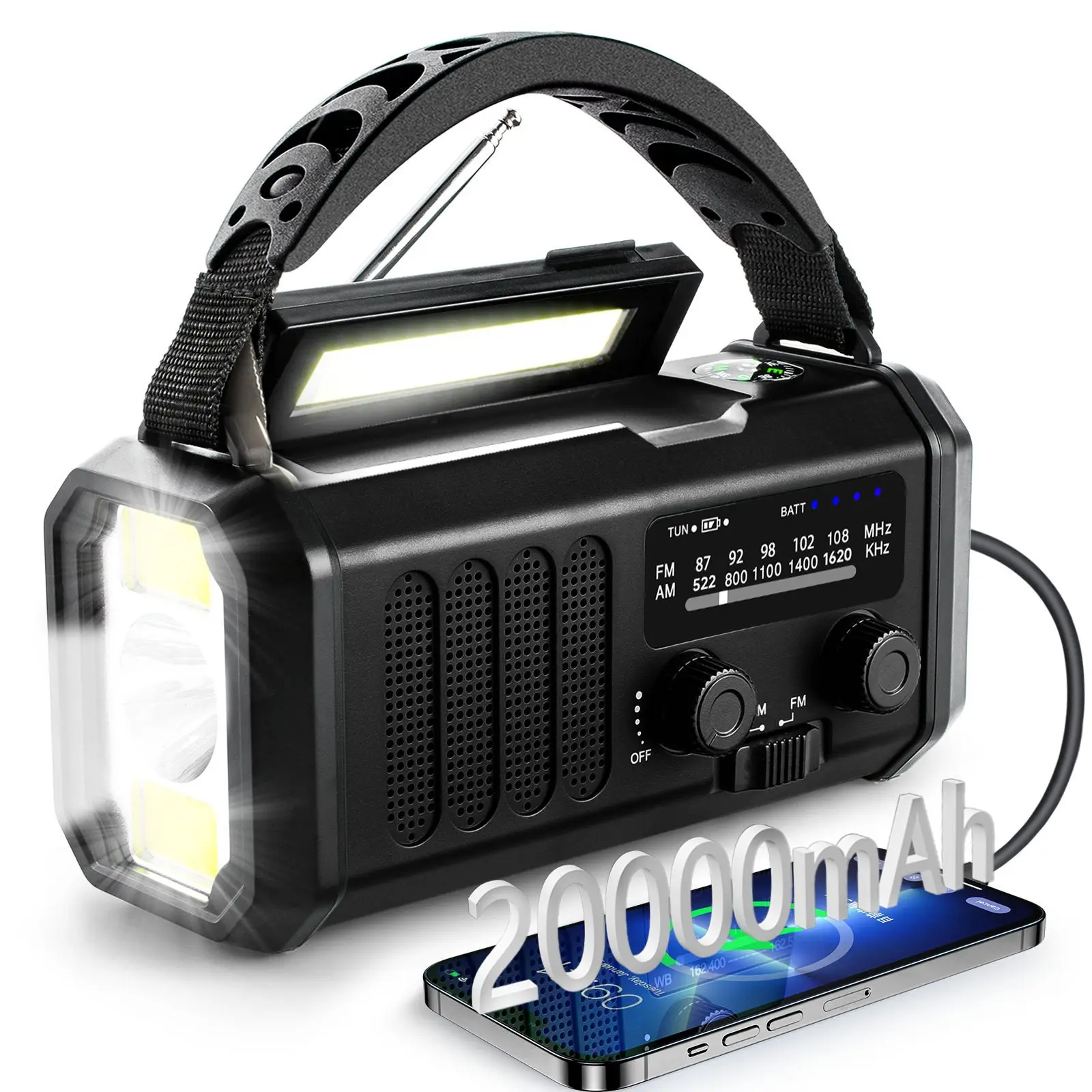 Popular upgraded new solar power AM/FM 20000mAh flashlight plastic multifunctional emergency disaster internet radio