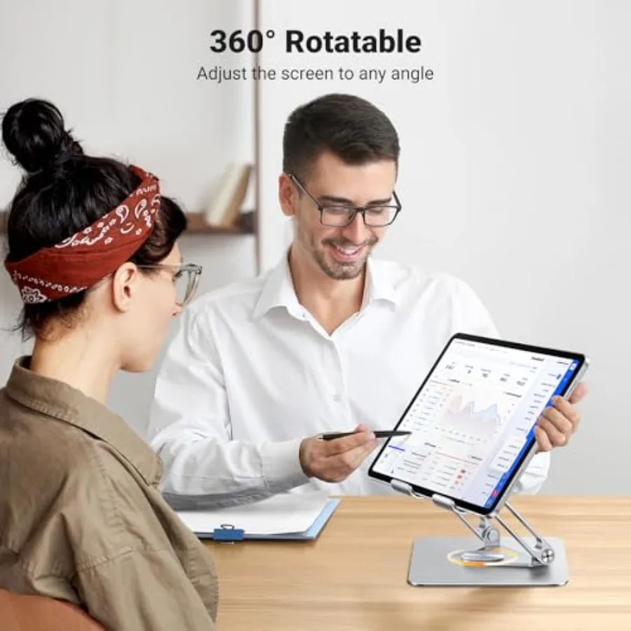 Suporte para tablet para mesa com base giratória 360, suporte de haste dupla de alumínio ajustável, acessórios para escritório doméstico, compatível com inteligência