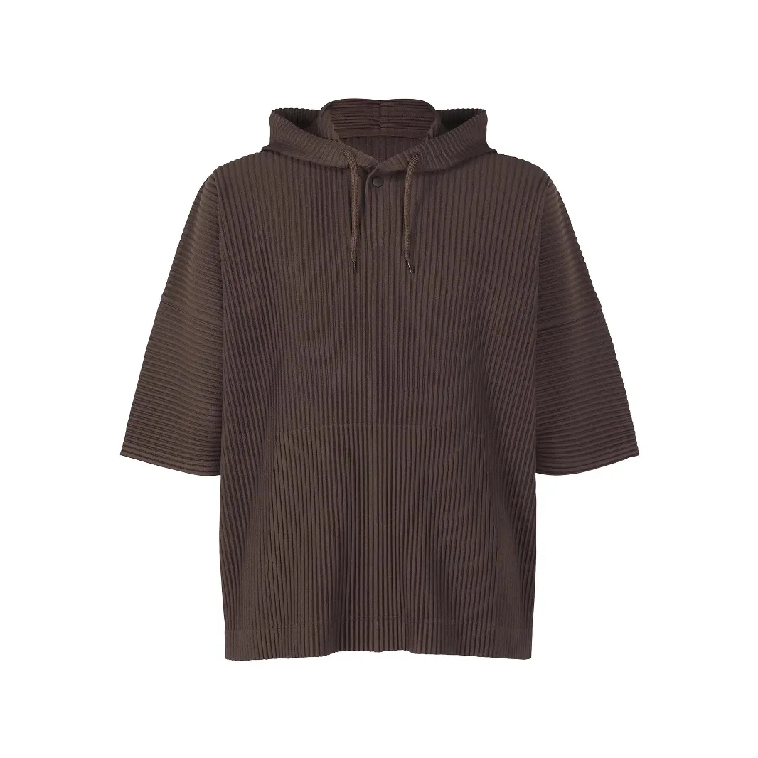 Miyake Spring Summer Men's 2025 Fashion Sweater Pleated Short Sleeve Hooded Solid Color Loose Pullover Casual Pleat Jacket Top