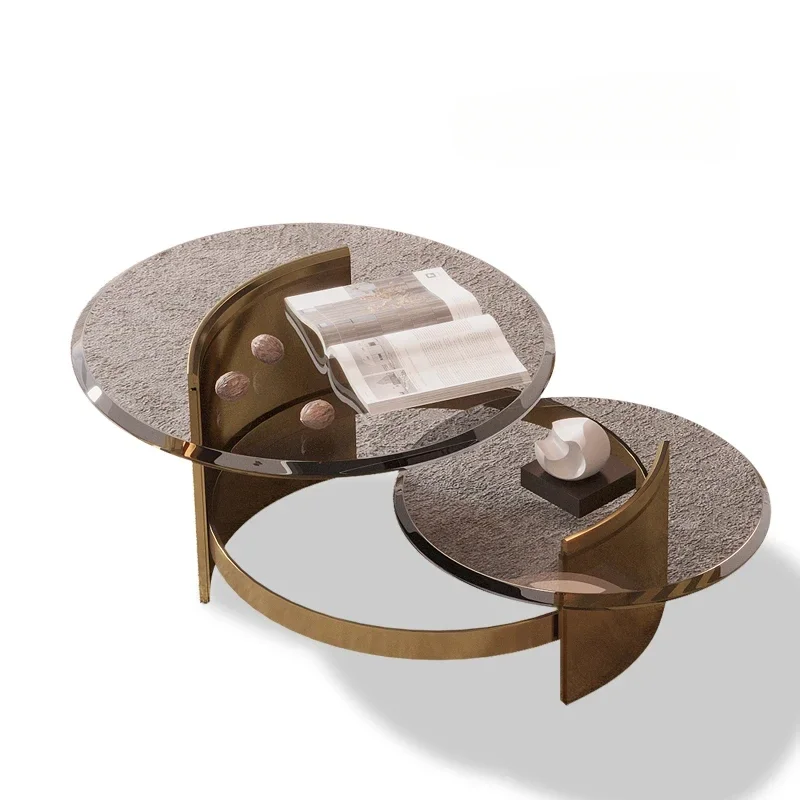 

Italian-Style Light Luxury Stainless Steel round Combination Tea Table Designer Living Room Tempered Glass Tea Table
