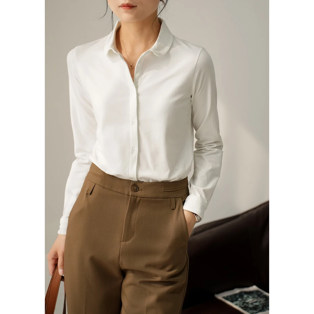 

Ladies Pure Cotton Knitted Long Sve irt Small round Ne Commute Casual Sle Elastic Fiber Blend Straight Cut Button up