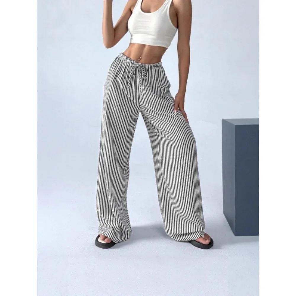 Women Striped Loose Straight Leg Pants High Waist Elastic Breathable Flattering Casual Daily Streetwear Comfy