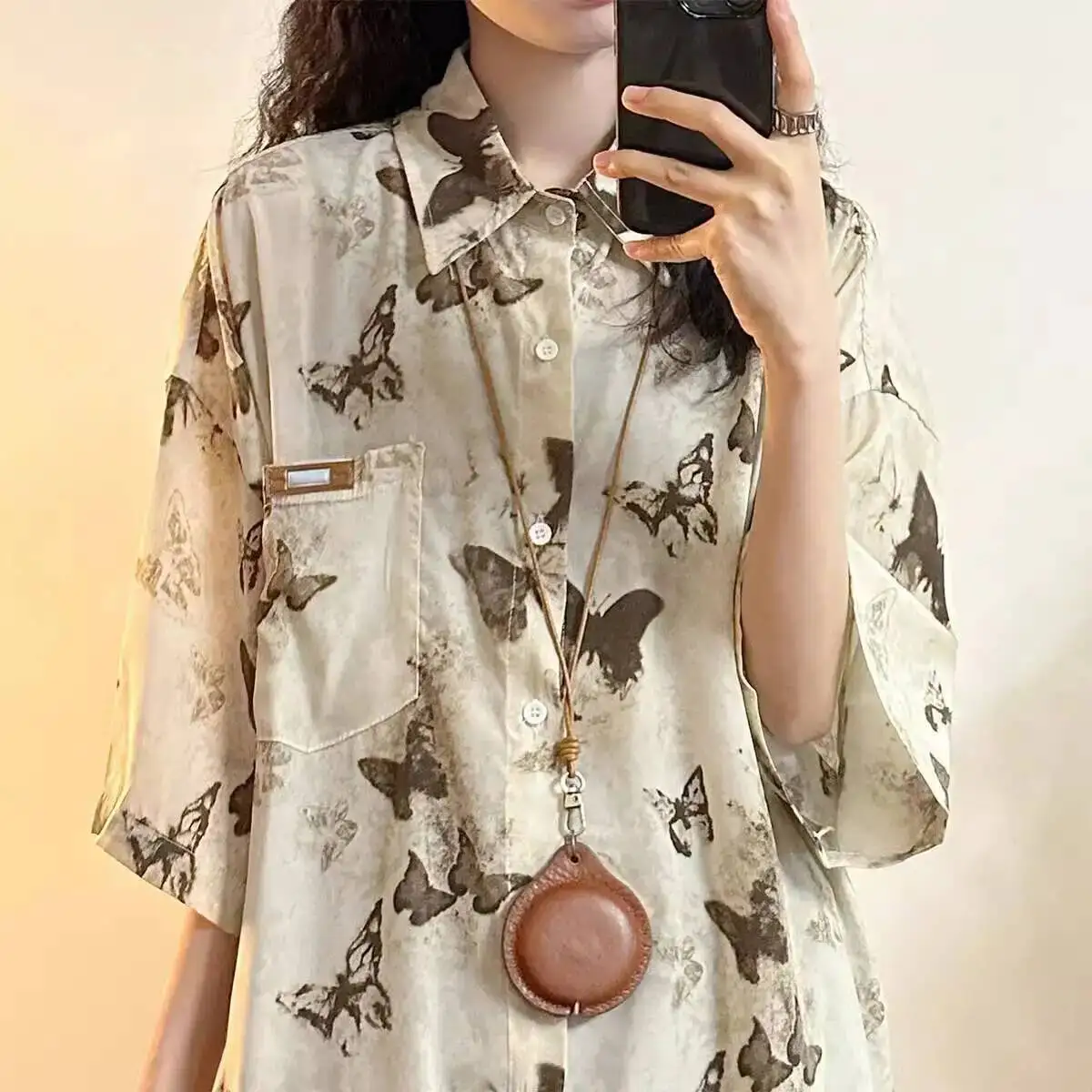 

Butterfly Blouse Ladies Long Sleeve Women Shirt Beach Shirts Kawaii Summer Clothes Cover-Up Top Casual
