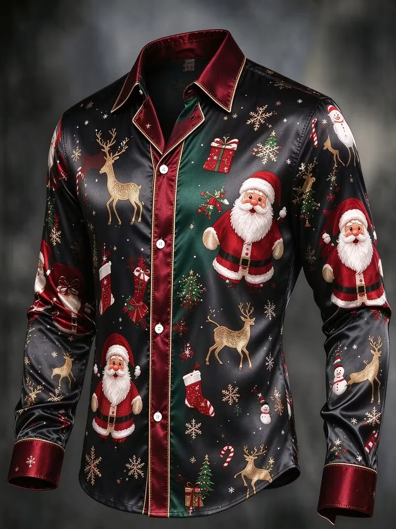 New men's shirt black satin red blue radiating starlight snowflake cane candy print slim fit trendy men's shirt