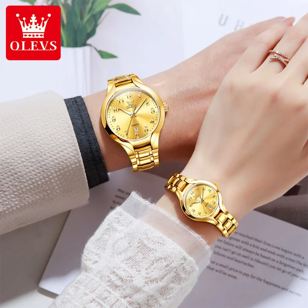 OLEVS 3650 Couple Watch Elegant Simple Digital Date Waterproof Watch Luxury Business Lover Gift for Him Her Gold Couple Watch