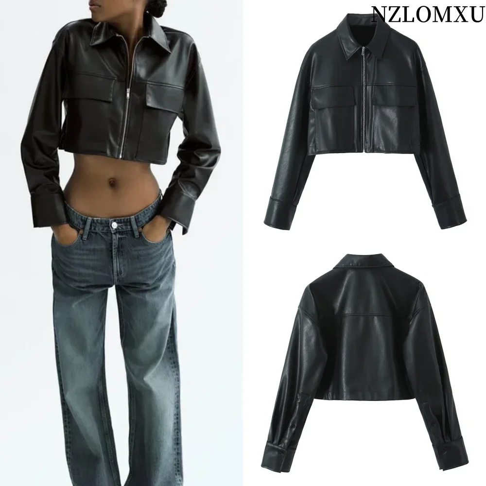

2025 Autumn Women PU Jackets Coats Casual Solid Turn-down Collar Short Female Elegant Street Jacket Outerwear Clothing