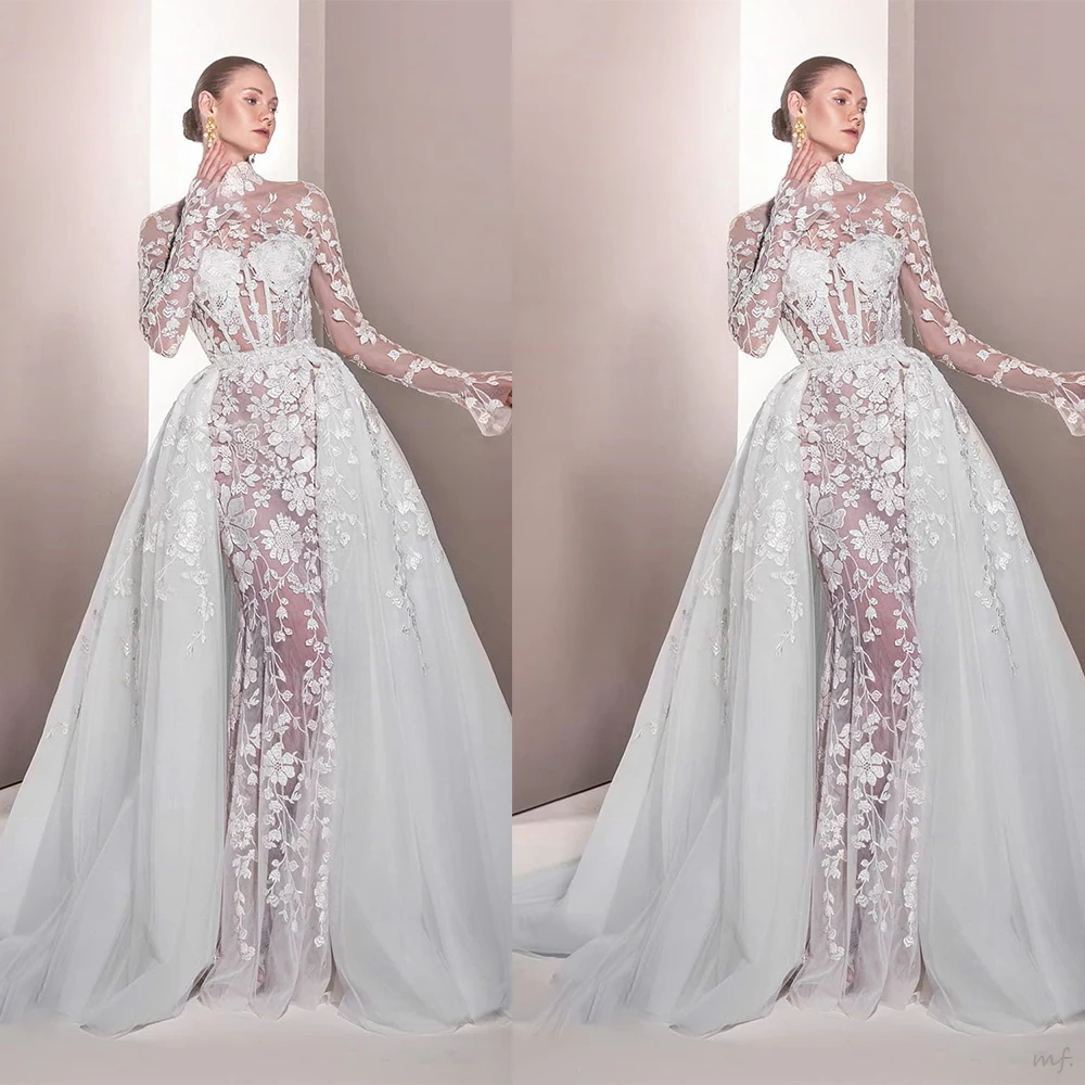 

Exquisite Wedding Dresses Mermaid High Collar Appliques Long Sleeve Detachable Train Bride Gown Vestido De Noiva Custom Made
