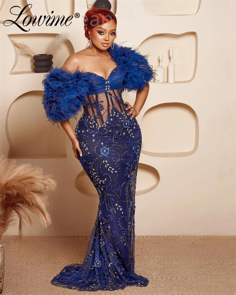 2024 Navy Blue Feathers Mermaid Aso Ebi Crystals Prom Dress Sequined Lace Floral Evening Formal Party Second Reception Dresses