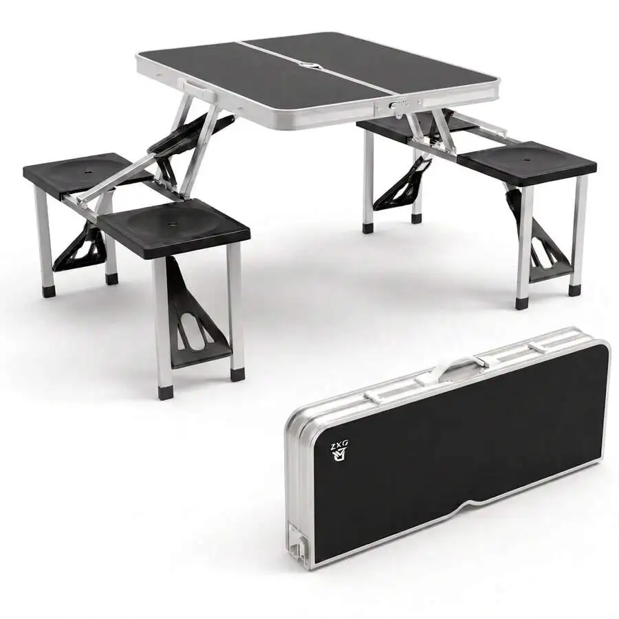 VINGLI 4 Ft Camping Picnic Table Set With 4 Seats With Umbrella Hole Folding Lightweight Suitcase Card Table For Barbecue,Travel