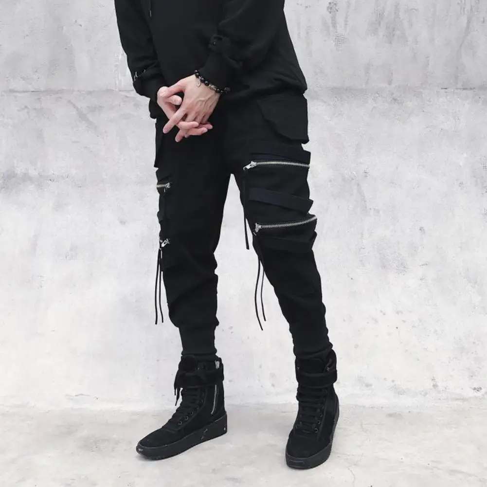 Solid Color Men Pants Men Solid Color Casual Trousers Hip Hop Streetwear Men's Cargo Pants with Zipper Decor Ankle for Outdoor