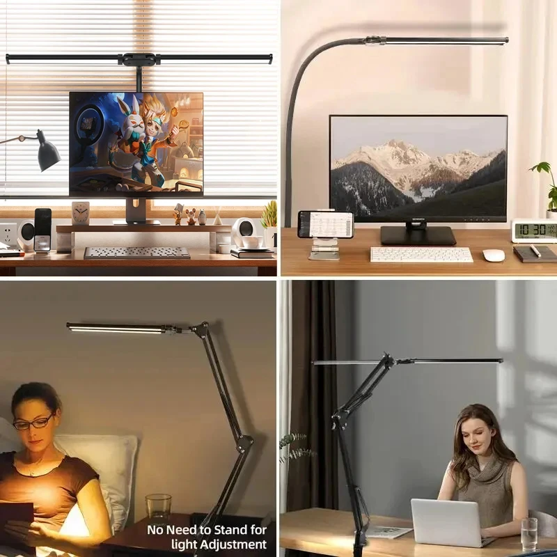 Double Head Desk Lamp Led Reading Light Stand Wide Screen Monitor Lights for Study Office USB Stepless Dimmable Table Lamp 24W