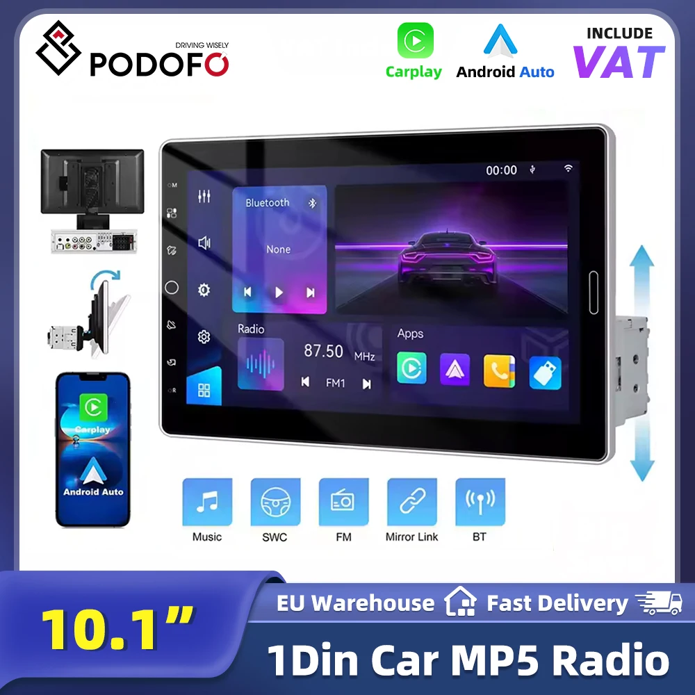 Podofo 10,1 Zoll drehbarer Bildschirm 1DIN Android Auto Autoradio MP5-Player mit kabellosem Carplay, Bluetooth, AM, RDS-Radio, FM-Empfänger, Unterstützung für Rückfahrkamera