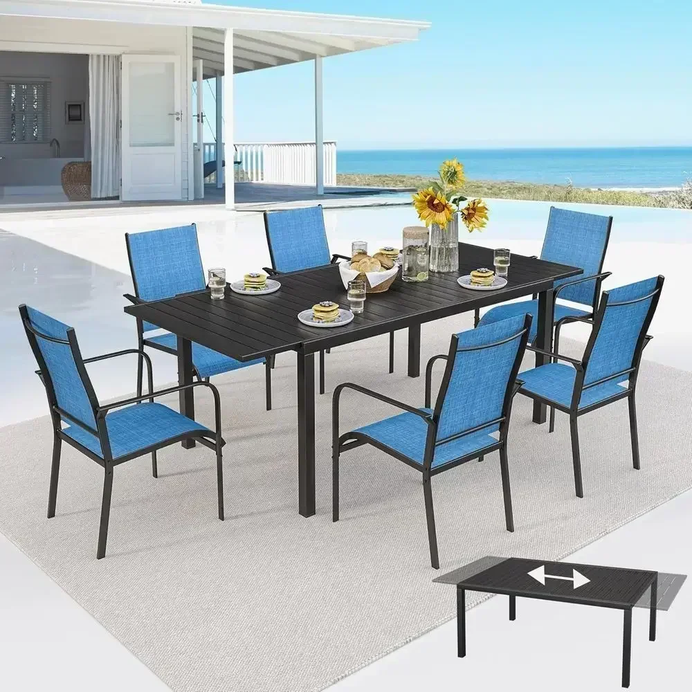 Expandable Patio Dining Set: 38-84 Rectangular Table, 6 Textilene Chairs, Blue Outdoor Furniture for Deck or Garden