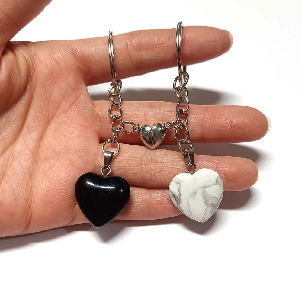 Romantic Couple Keychain: Heart-Shaped Natural Stone with Magnetic Clasp for Lovebirds