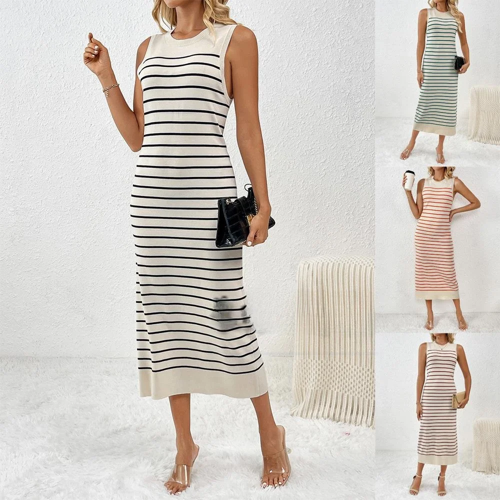 

Spring Summer 2024 Women's Faion Stripe Knit Dr Slim Fit Alternating Color Long Skirt Sli Dr Tee-acetate Fiber