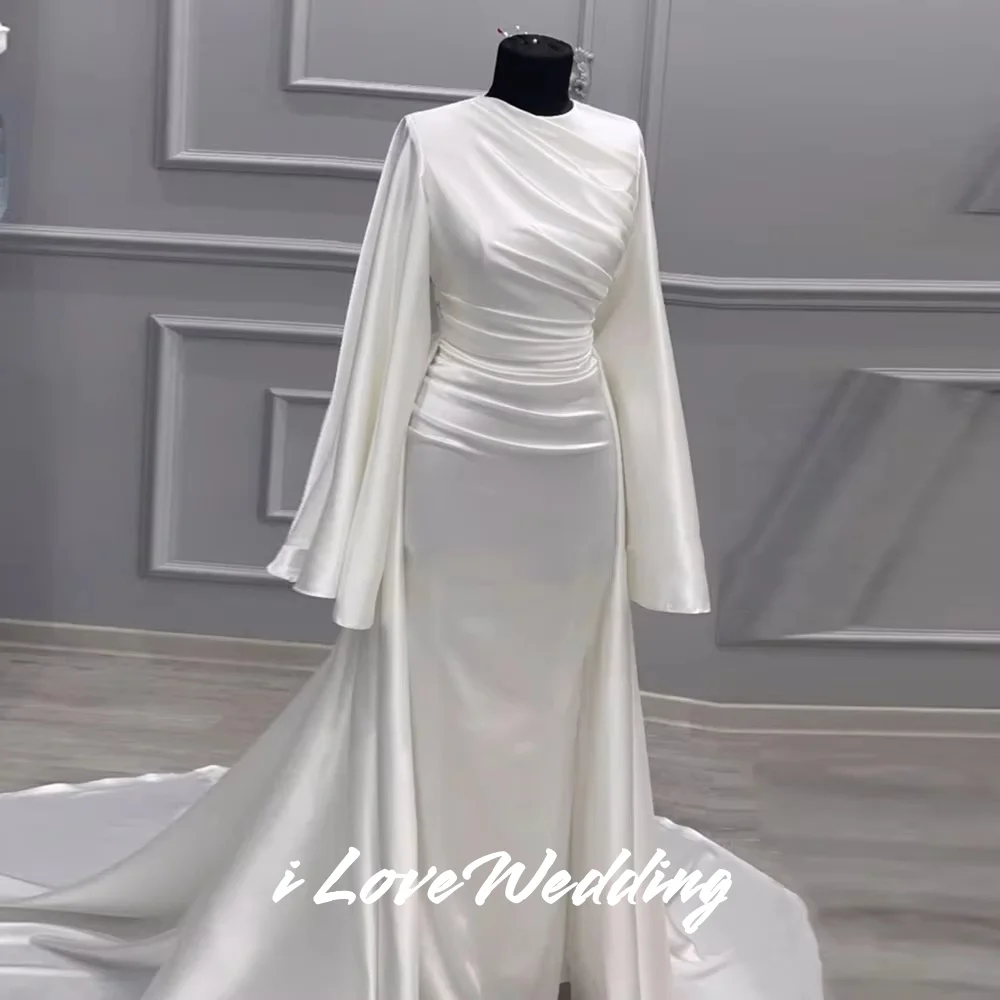 

White O-Neck Wedding Dresses 2025 Satin Long Sleeve Mermaid Saudi Arabric Sweep Train Floor-Length Pleat Muslim Dubai Customized
