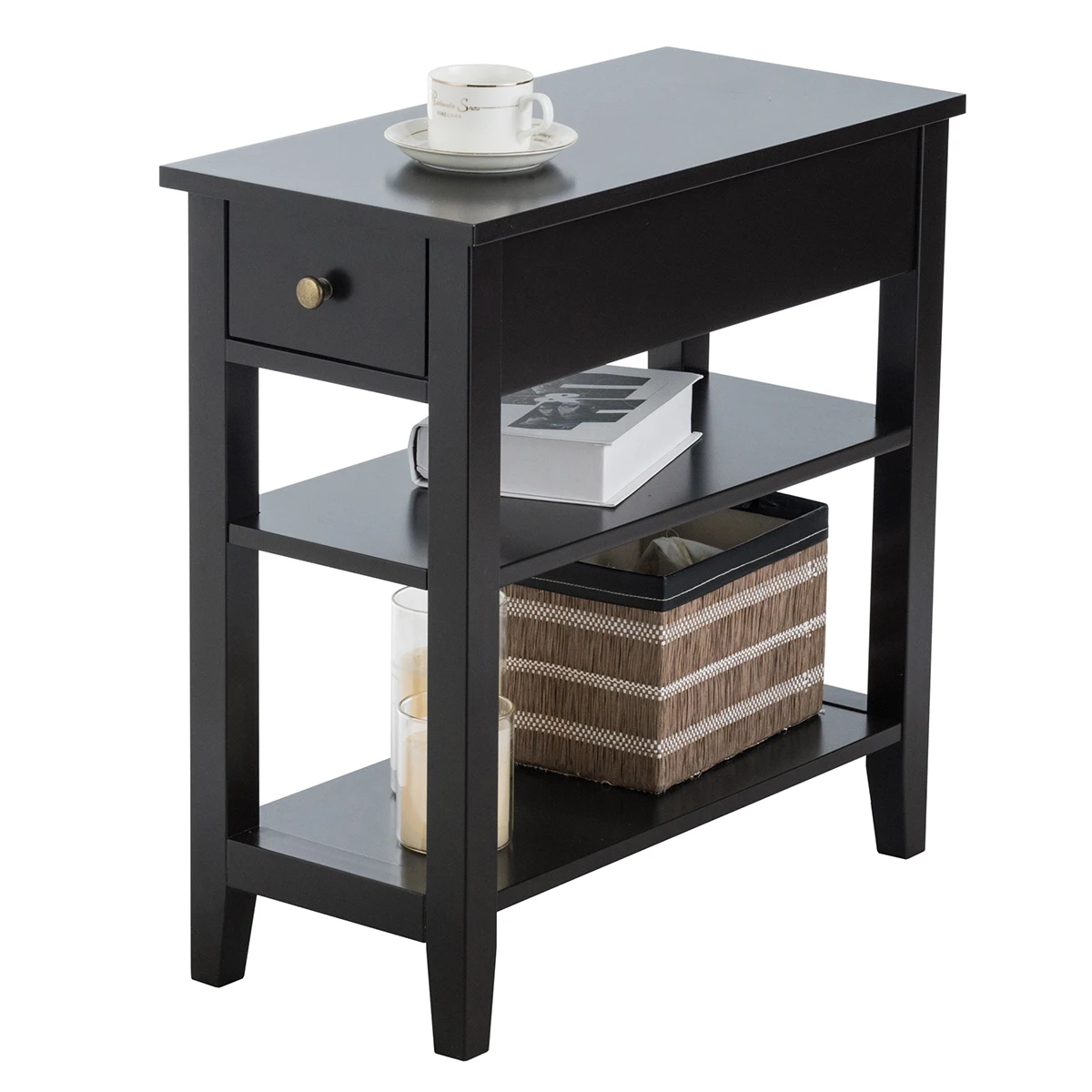 Prateleiras duplas gaveta, mesa de cabeceira preta, mesa lateral do sofá, 3 Tiers Nightstand