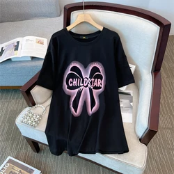 Summer Plus Size Women's Black Round Neck Bow Printed T-Shirt Loose Casual Outdoor Medium Long Short Sleeve Basic Street Top