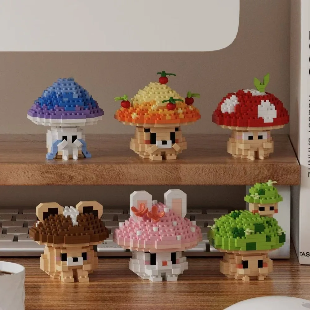 New Shy Mushroom Bunny Micro Particle Building Blocks DIY Assembly Model Desktop Ornament Cute Mushroom Figure Birthday Gift